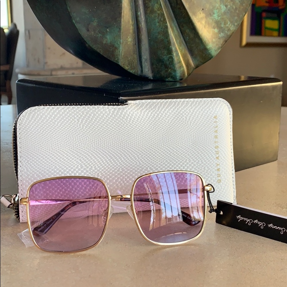 Quay Australia Square Gold Frame Sunglasses with Pink Lenses
